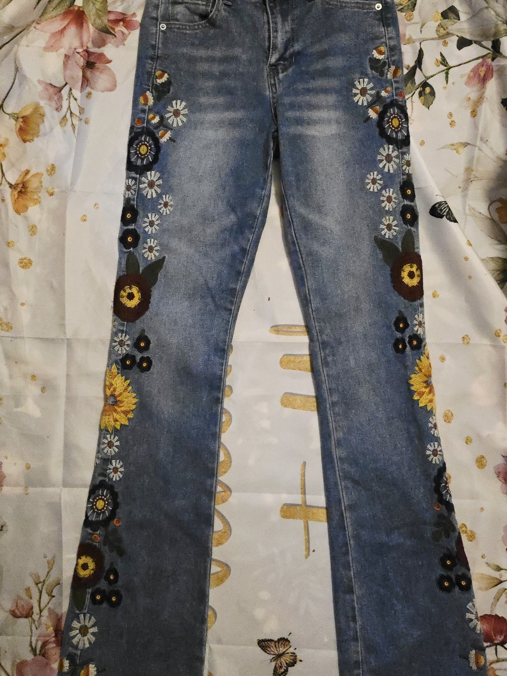 Ashley Mason Blue Flare Jeans with Yellow & White Floral Embroidery